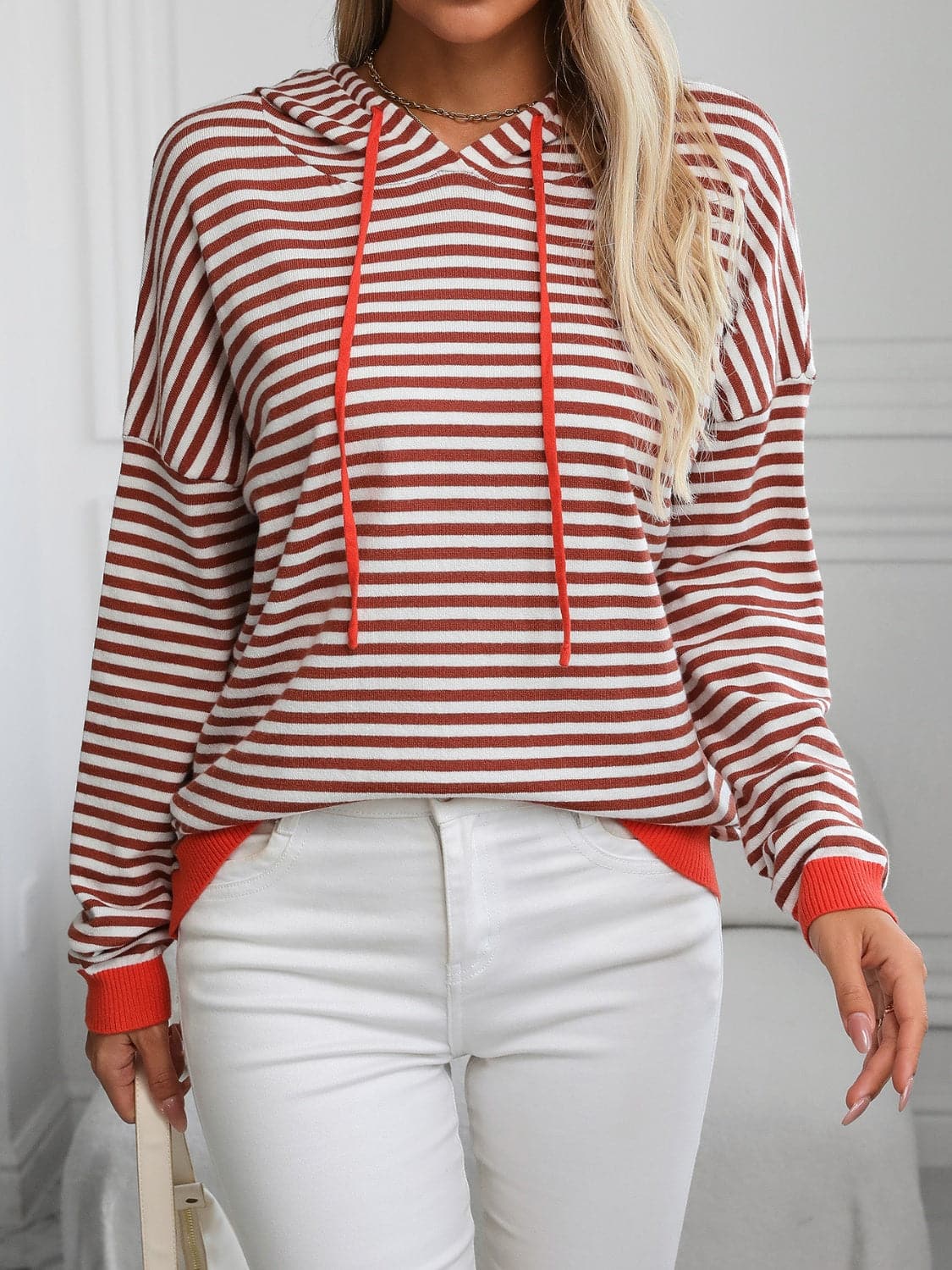 Striped Long Sleeve Hooded Knit Top.