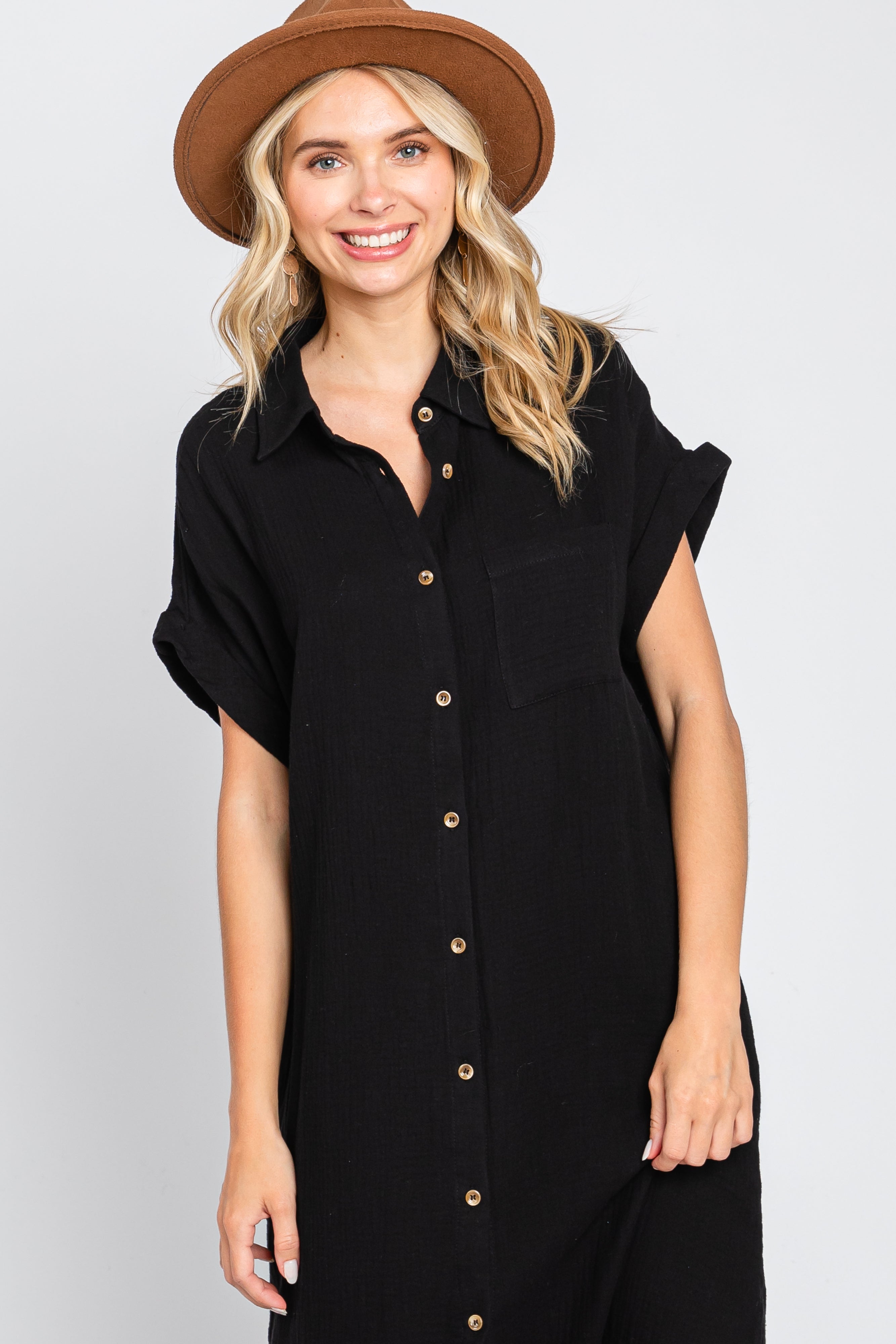 Black Button Down Midi Dress PinkBlush