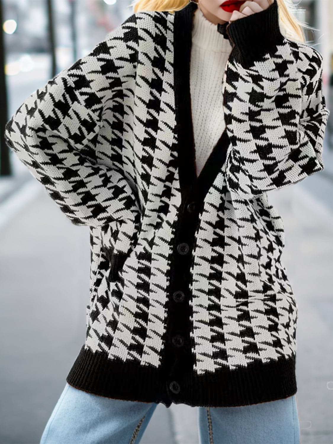 Houndstooth Button Up Long Sleeve Cardigan.