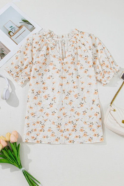 White Embroidered Floral Puff Sleeve V-Neck Blouse