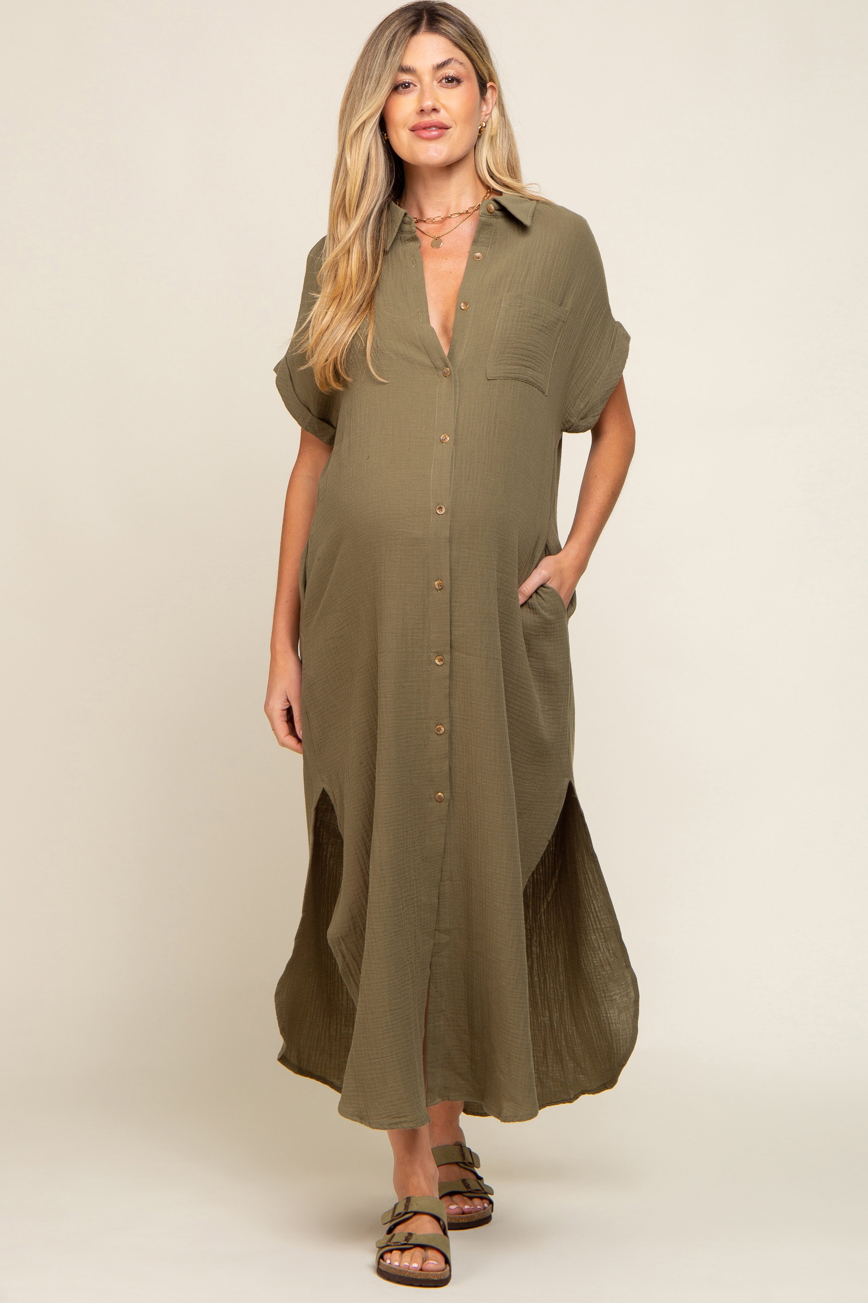 Olive Button Down Maternity Midi Dress PinkBlush