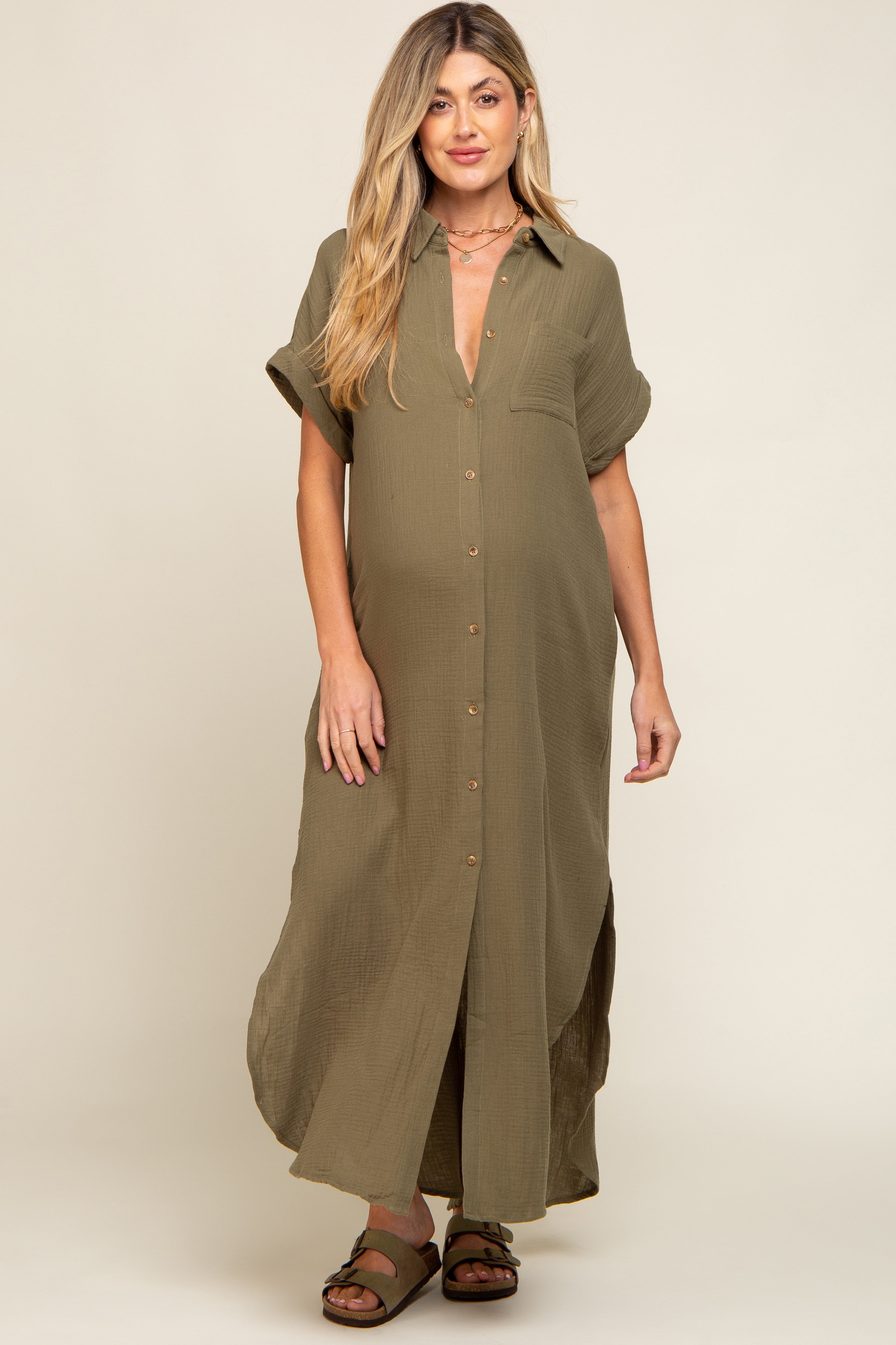Olive Button Down Maternity Midi Dress PinkBlush