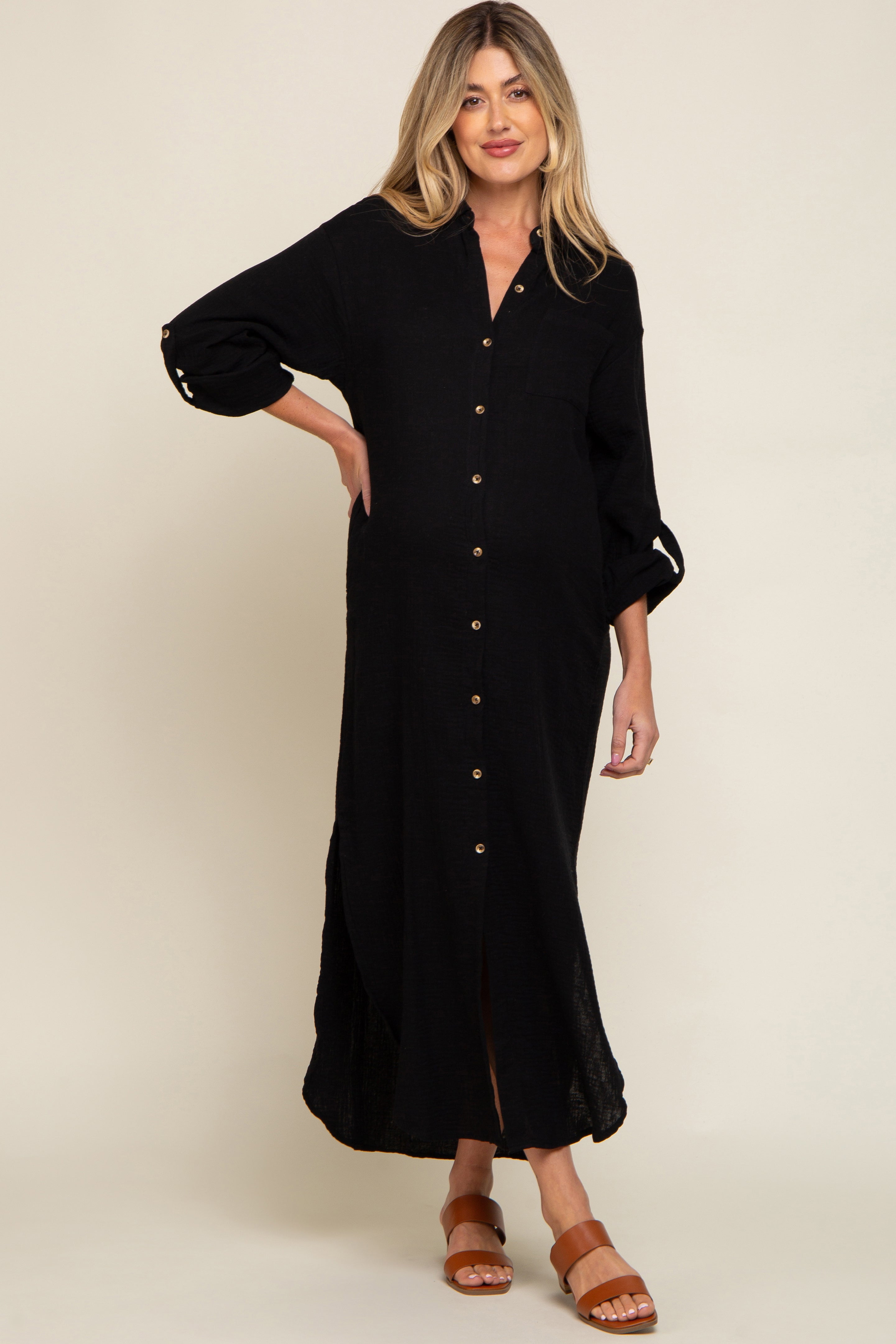 Black Button Down 3/4 Sleeve Maternity Midi Dress PinkBlush