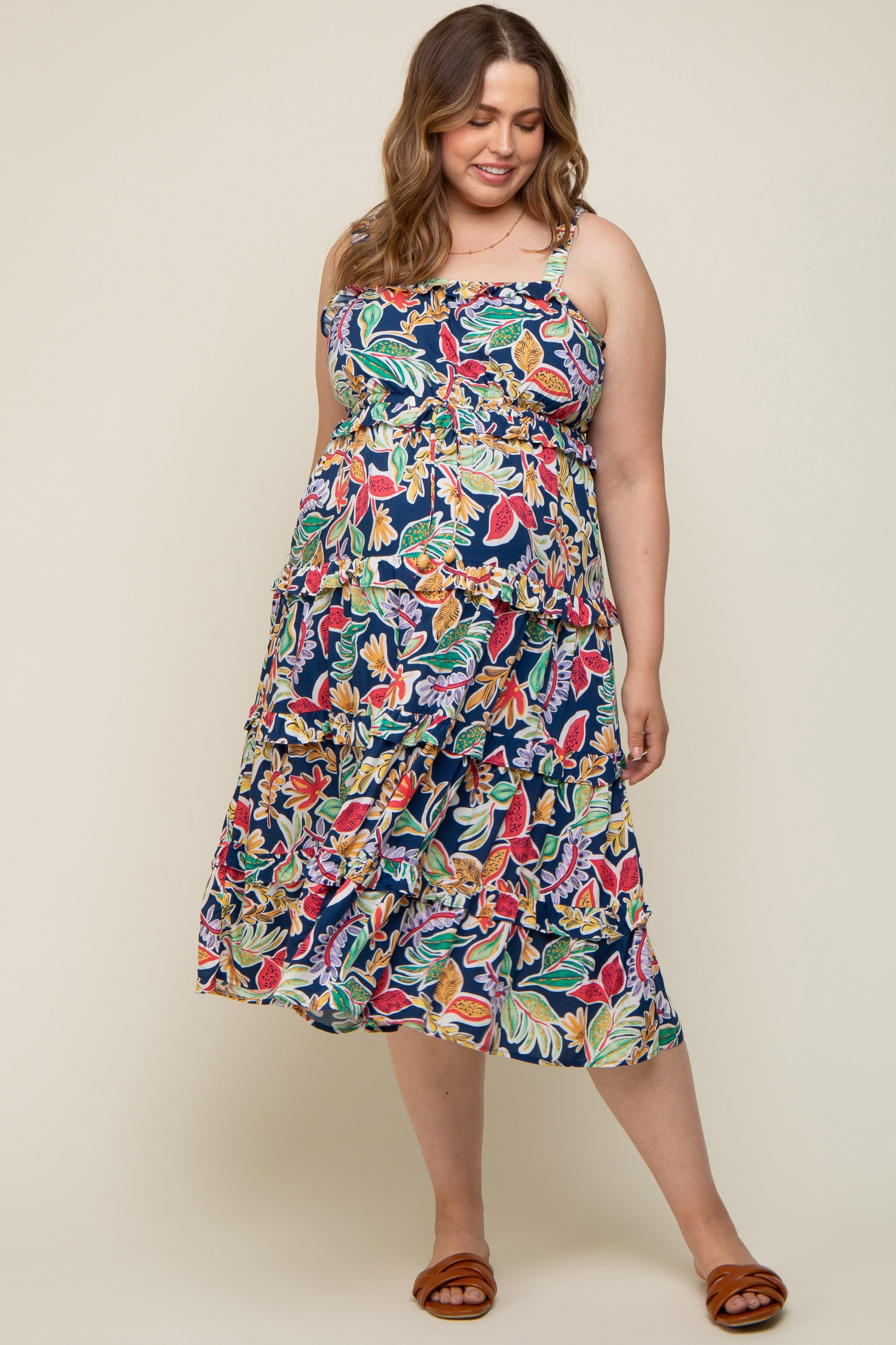 Navy Blue Multi-Color Floral Sleeveless Tiered Maternity Plus Midi Dress PinkBlush