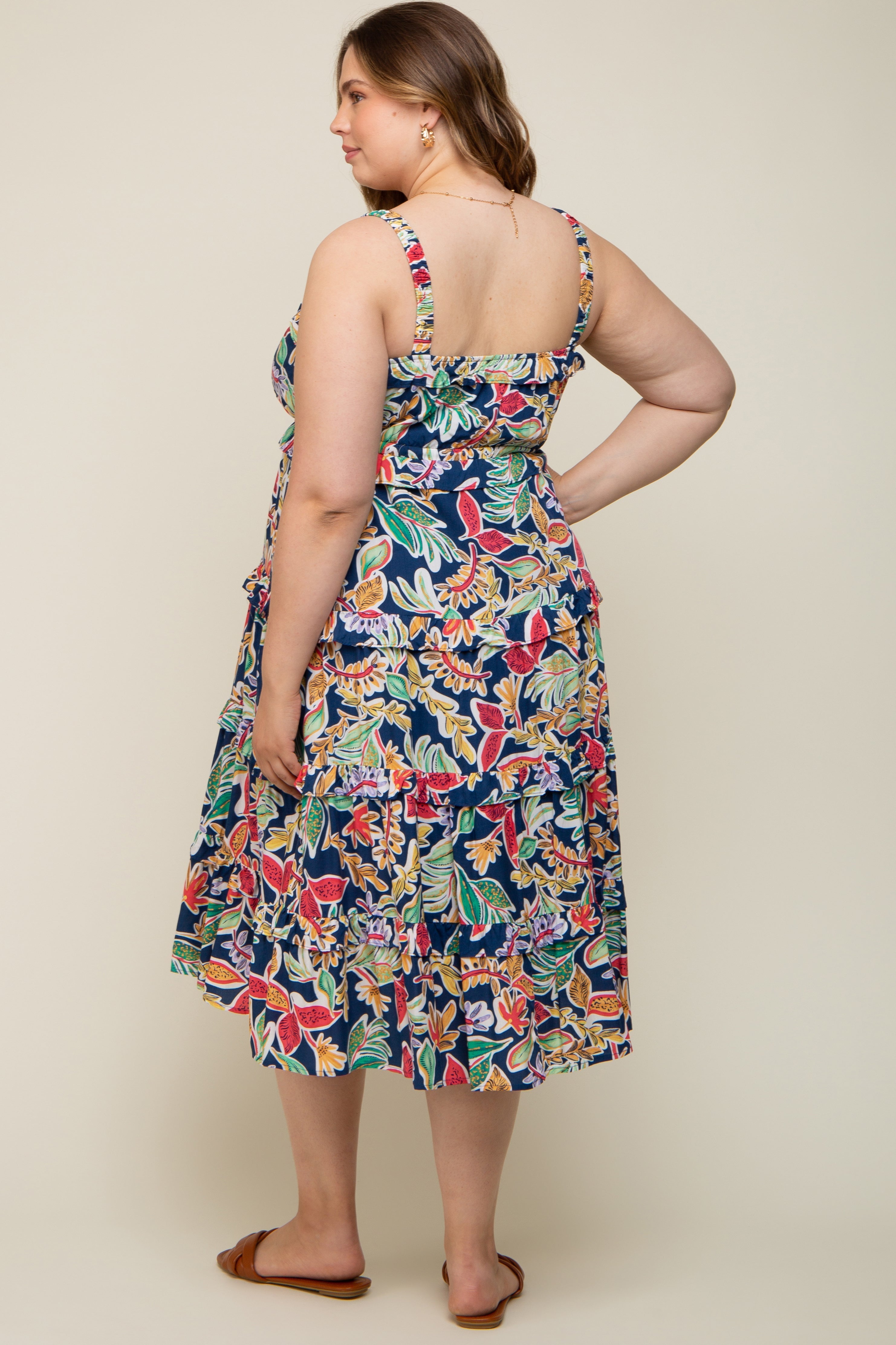 Navy Blue Multi-Color Floral Sleeveless Tiered Maternity Plus Midi Dress PinkBlush