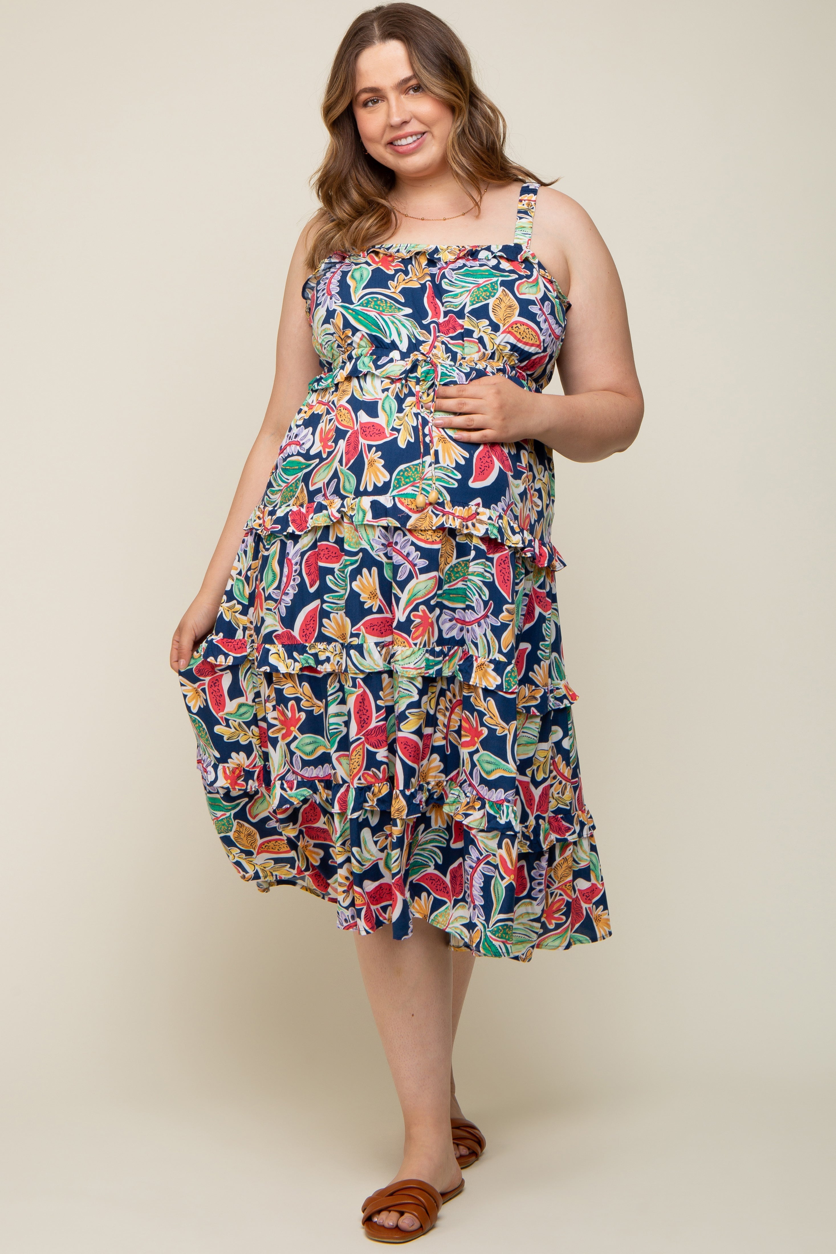 Navy Blue Multi-Color Floral Sleeveless Tiered Maternity Plus Midi Dress PinkBlush