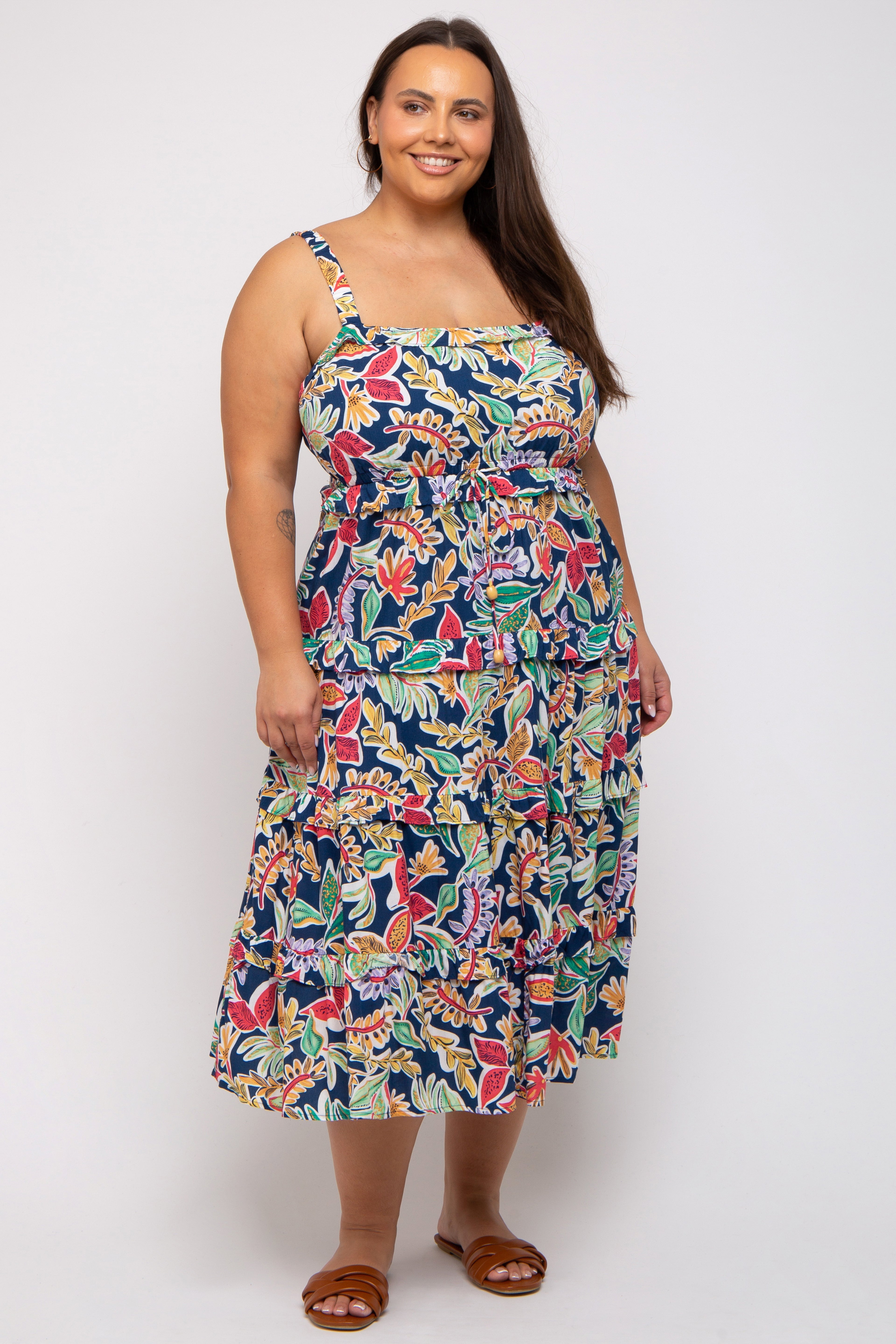 Navy Blue Multi-Color Floral Sleeveless Tiered Maternity Plus Midi Dress PinkBlush