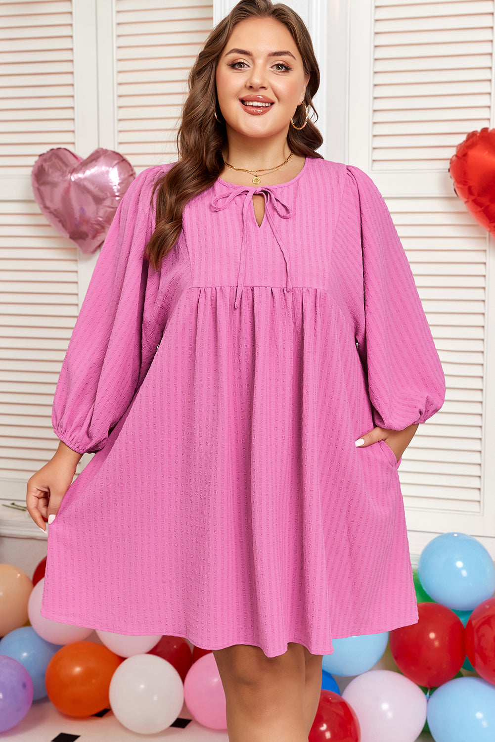 Premium Sachet Pink Plus Size Textured Tie Split Neck Puff Sleeve Flowy Mini Dress Dear-Lover Dropshipping