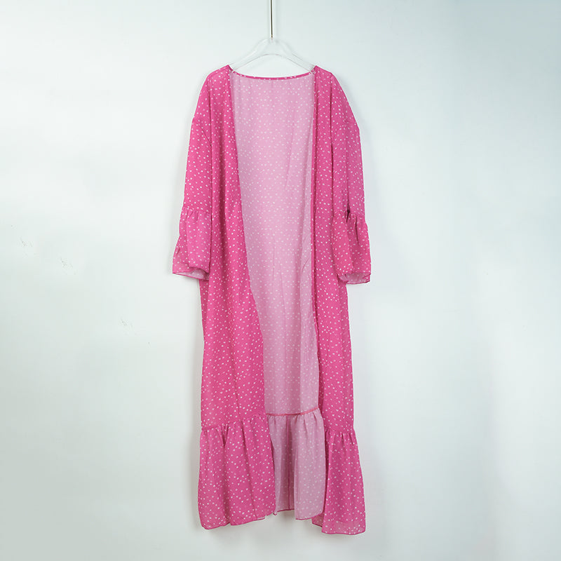 Rose Red White Dot Mid-Length Chiffon Cardigan Beach Jacket Swimsuit Outwear Bikini Sun Protective Blouse