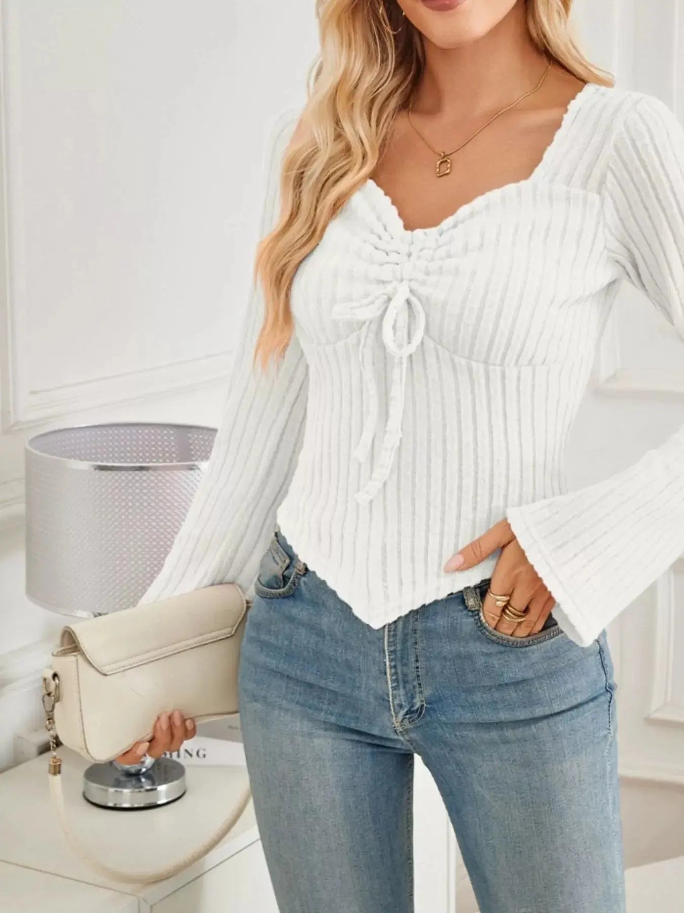 Ribbed Knit Tie Front Long Sleeve Top With Drawstring Detail Simply Love