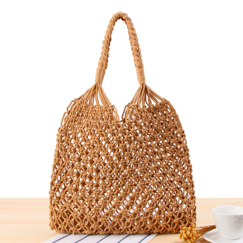 Solid Color One Shoulder Woven Bag Trendy Women Mori Straw Bag Degrees Handmade Cotton String Net Pocket Beach Bag Bella Mia