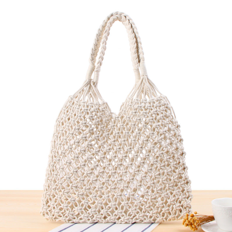 Solid Color One Shoulder Woven Bag Trendy Women Mori Straw Bag Degrees Handmade Cotton String Net Pocket Beach Bag Bella Mia