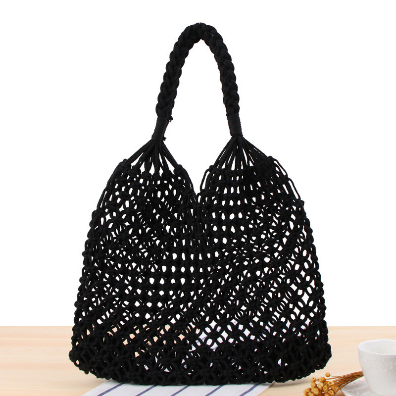 Solid Color One Shoulder Woven Bag Trendy Women Mori Straw Bag Degrees Handmade Cotton String Net Pocket Beach Bag Bella Mia
