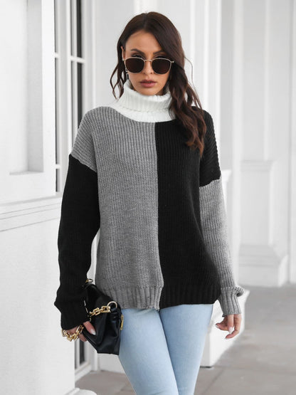 Contrast Turtleneck Long Sleeve Sweater.