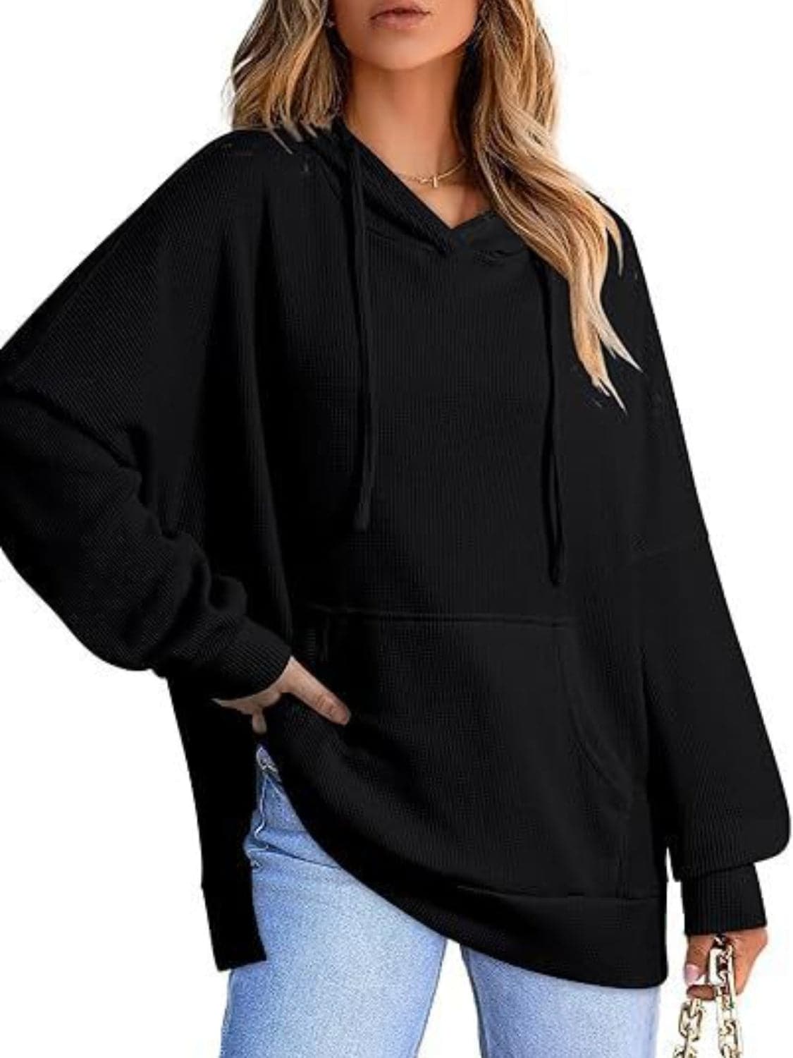 Sleek pocketed hoodie with drawstring and side slit