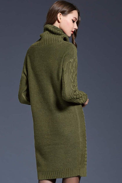 Woven Right Full Size Mixed Knit Cowl Neck Dropped Shoulder Sweater Dress.