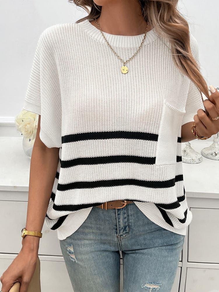 Striped Round Neck Short Sleeve Sweater.