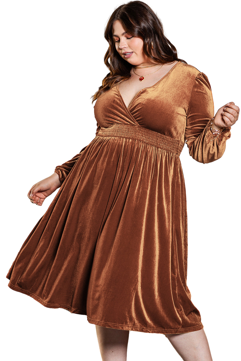 Chic camel velvet dress with surplice V-neck and balloon sleeves