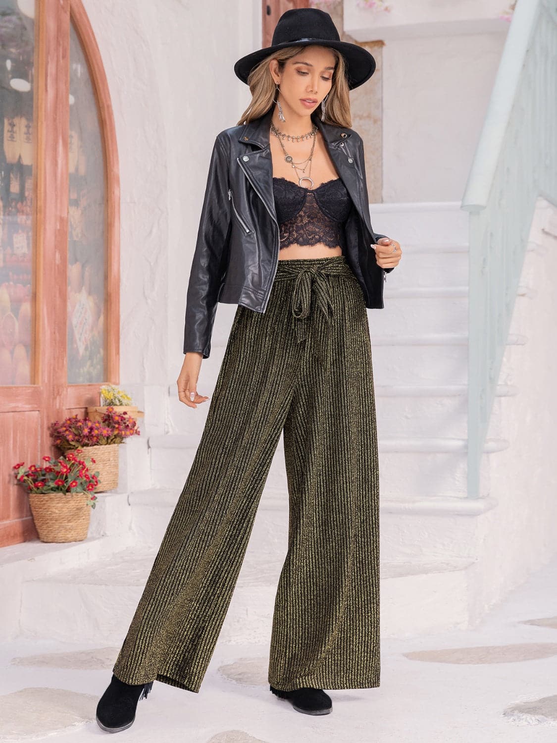 Ribbed Tied Wide Leg Pants.