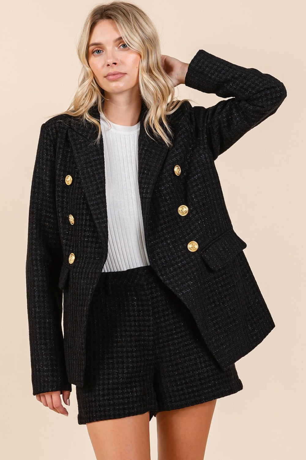 Mittoshop Plaid Texture Double-Breasted Long Sleeve Blazer Coco’s Tee Boutique