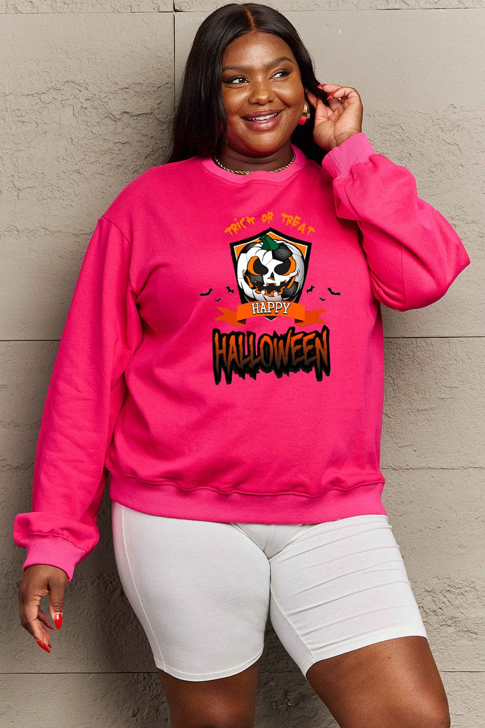 Simply Love Full Size TRICK OR TREAT HAPPY HALLOWEEN Graphic Sweatshirt.