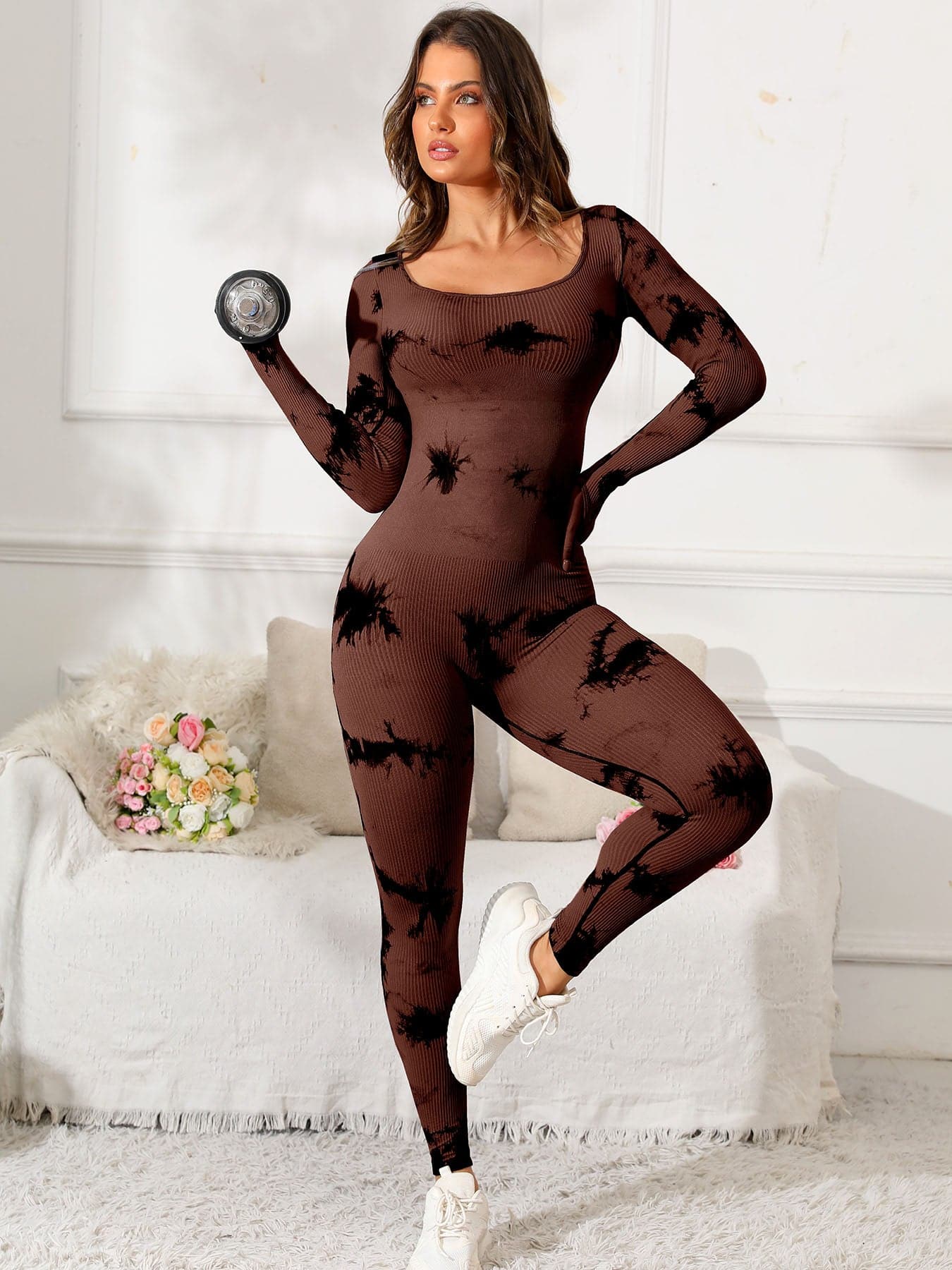 Scoop Neck Long Sleeve Active Jumpsuit.