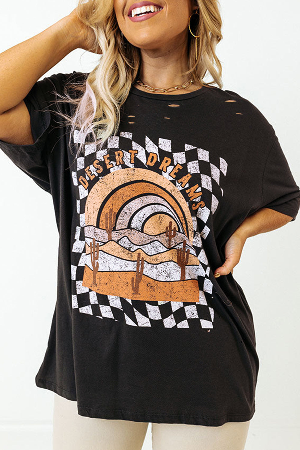 Black Checkered DESERT DREAMS Plus Size Ripped Tee