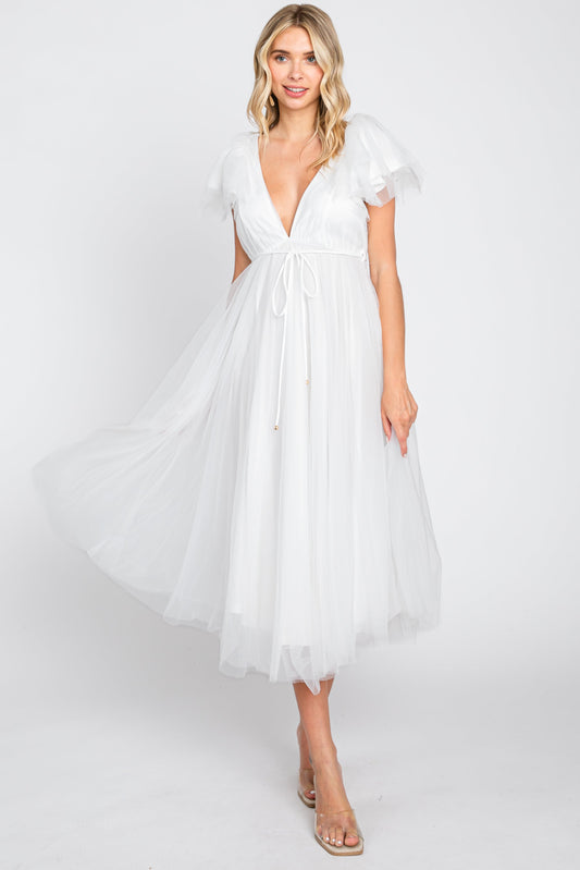 White Tulle V-Neck Flutter Sleeve Midi Dress PinkBlush