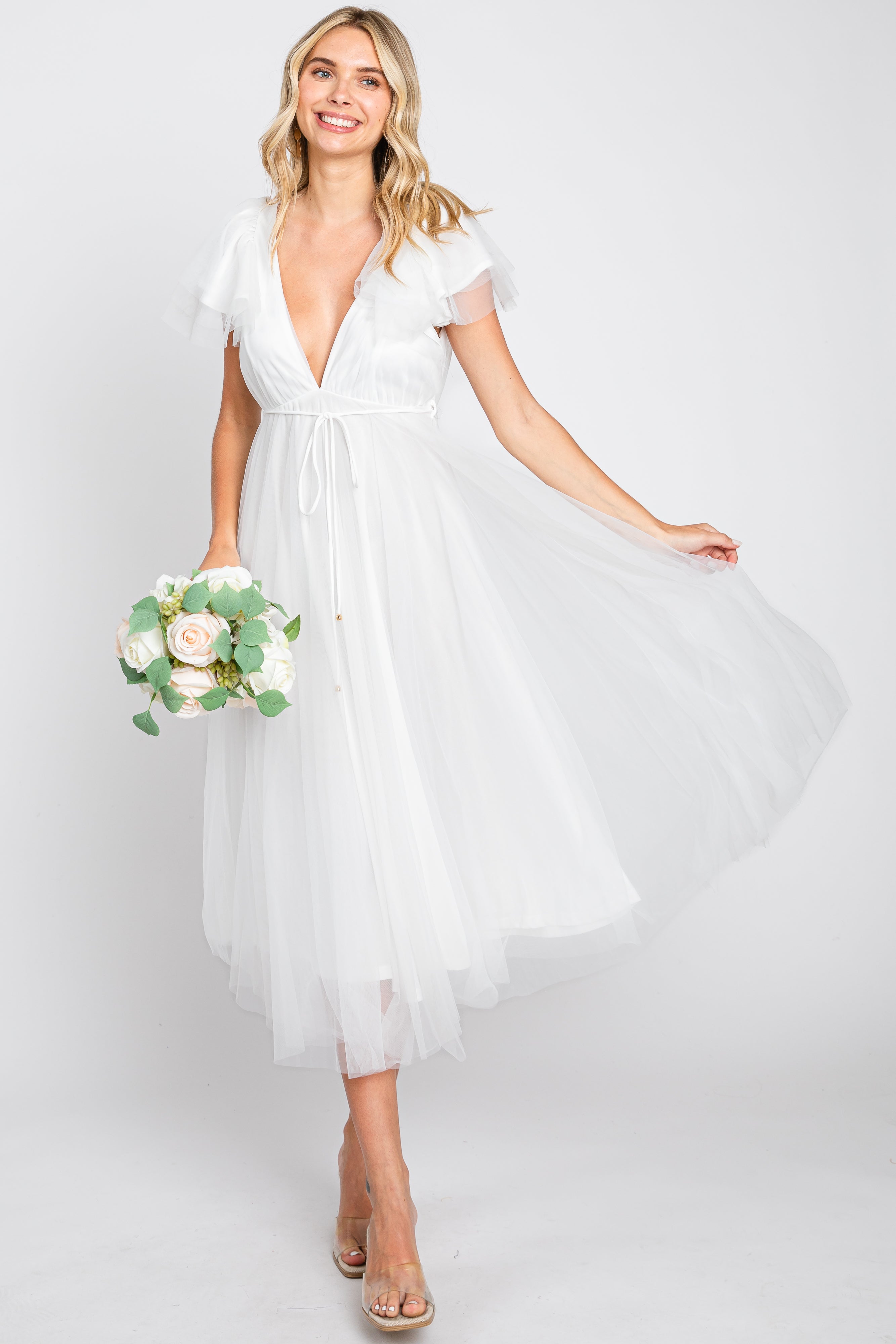 White Tulle V-Neck Flutter Sleeve Midi Dress PinkBlush