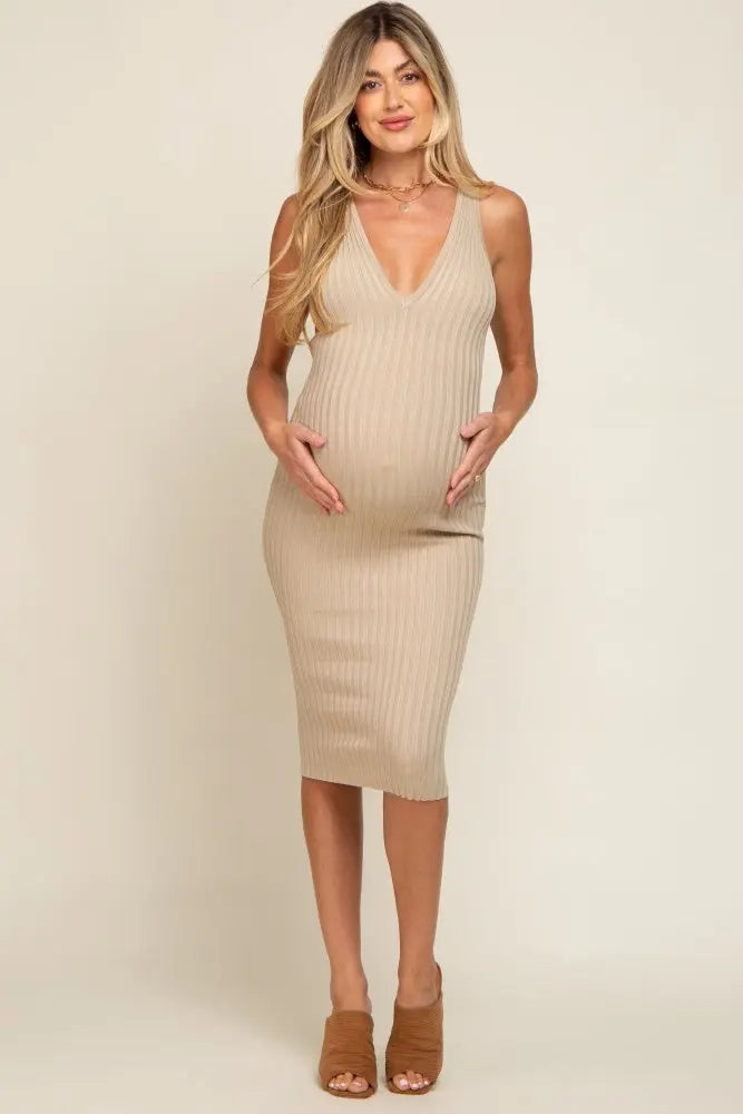 Beige Ribbed Knit Fitted V-Neck Maternity Midi Dress PinkBlush