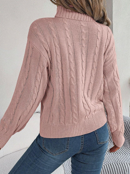 Cable-Knit Turtleneck Dropped Shoulder Sweater.