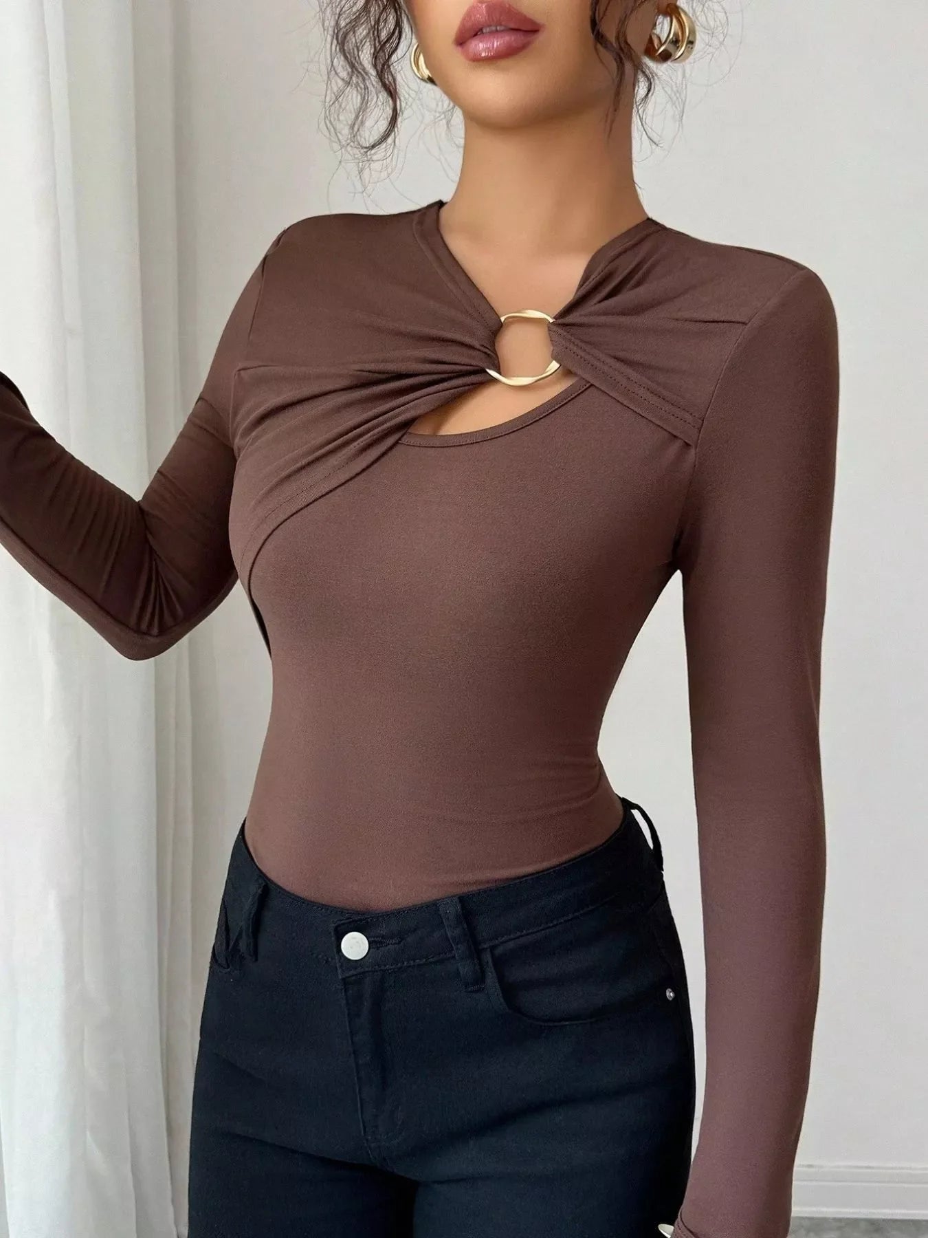 Twist Front Ring Detail Long Sleeve T-Shirt Simply Love