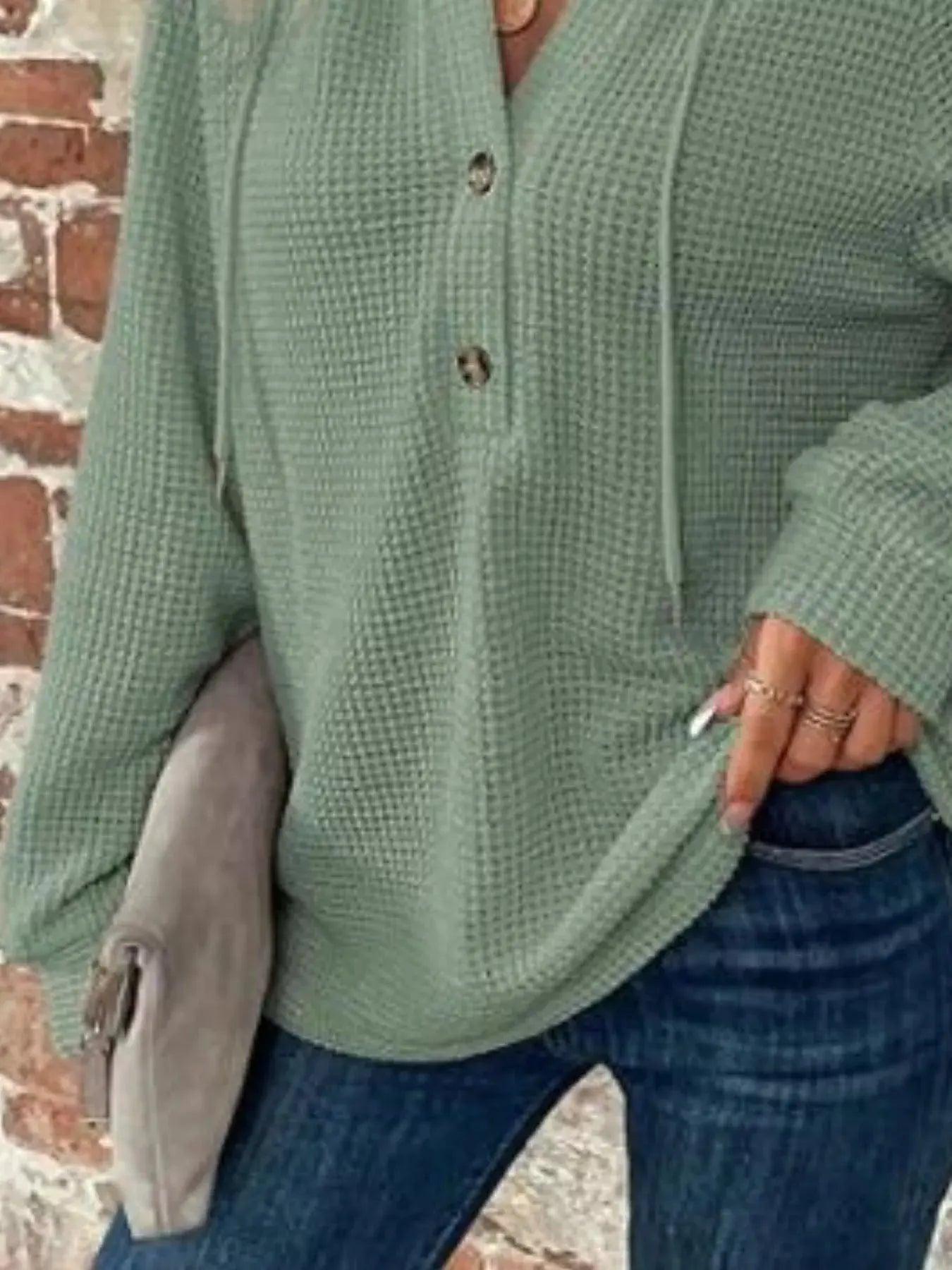 Waffle Knit Button Detail Hoodie Simply Love