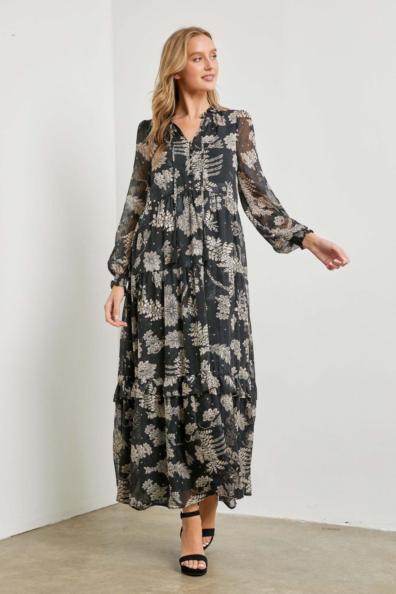 Black Floral Front Button Tiered Maxi Dress PinkBlush