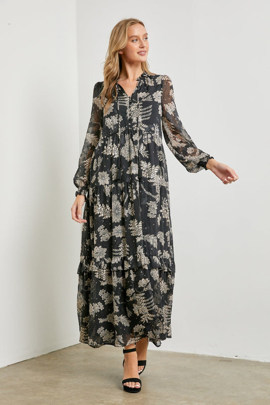 Black Floral Front Button Tiered Maxi Dress PinkBlush