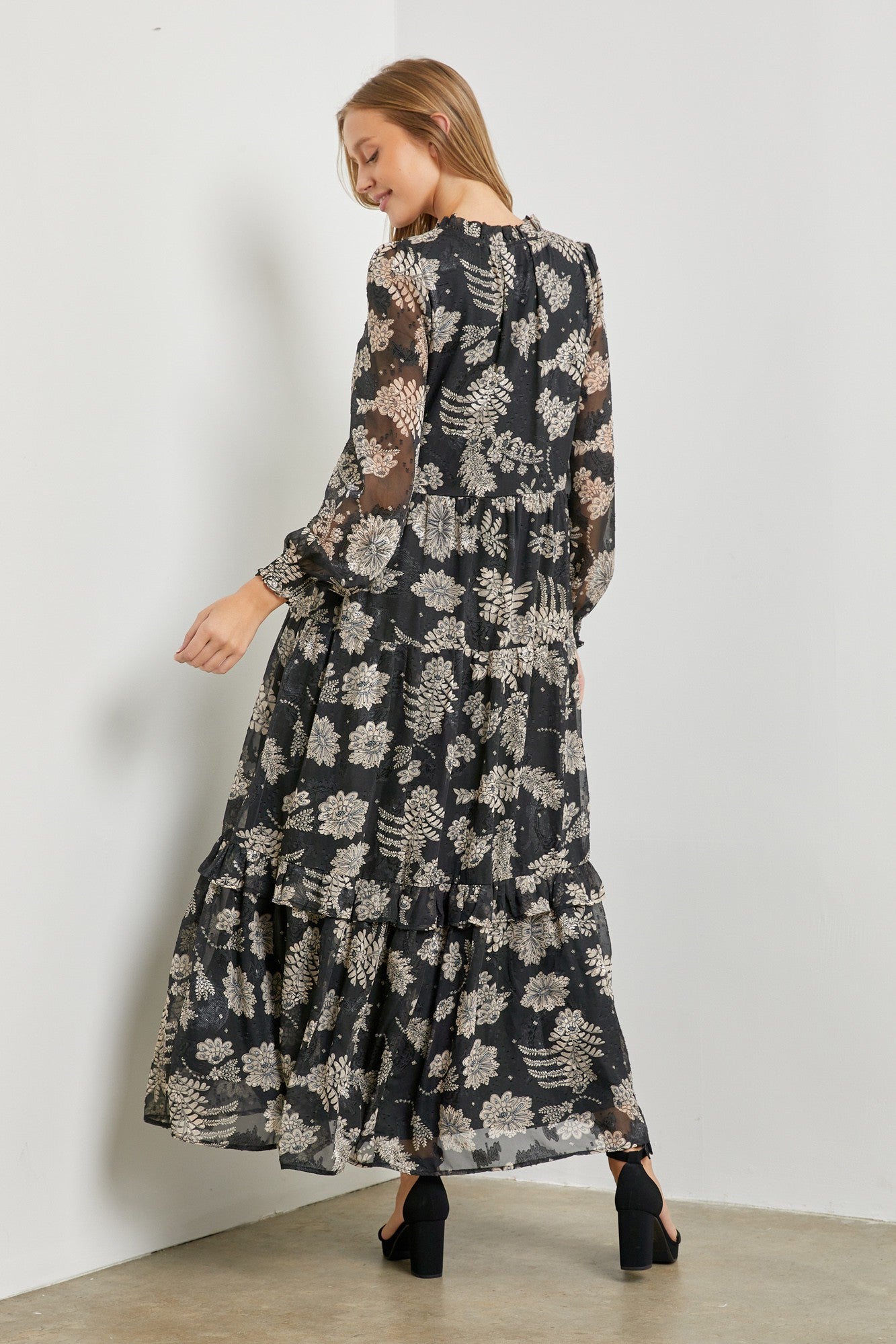 Black Floral Front Button Tiered Maxi Dress PinkBlush