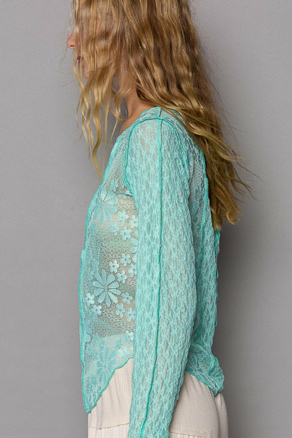 POL Exposed Seam Long Sleeve Lace Knit Top.