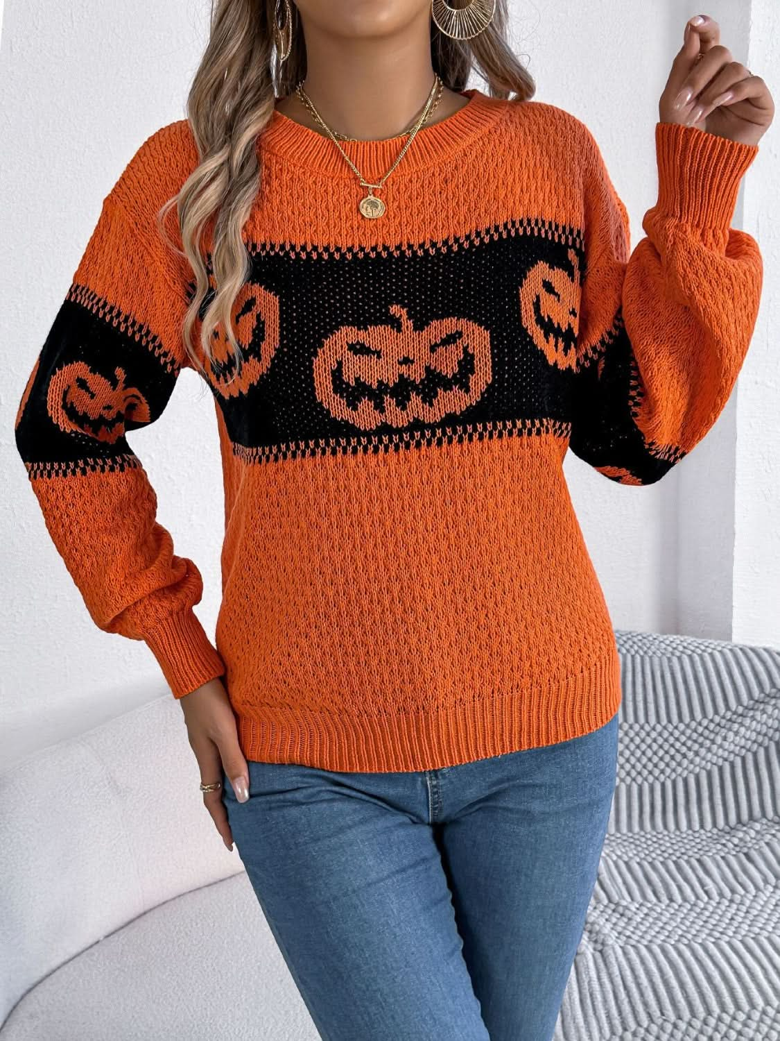 Cozy pumpkin round neck long sleeve pullover