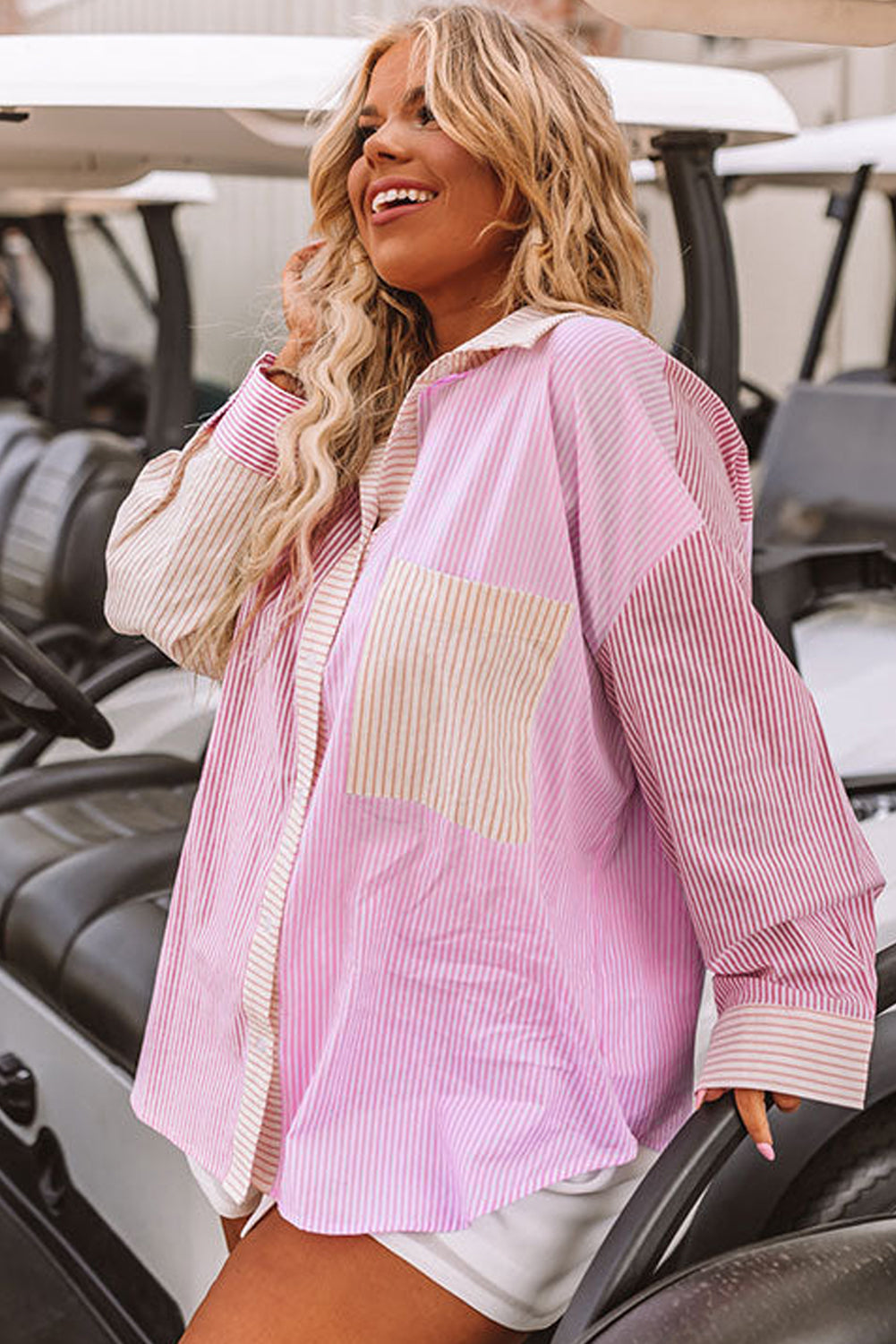 Chic pink striped colorblock plus size shirt