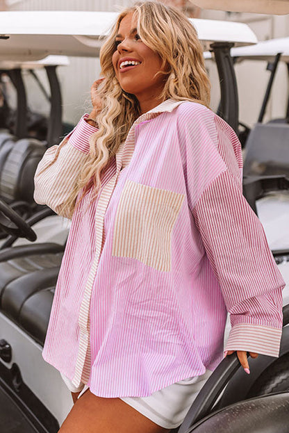 Chic pink striped colorblock plus size shirt