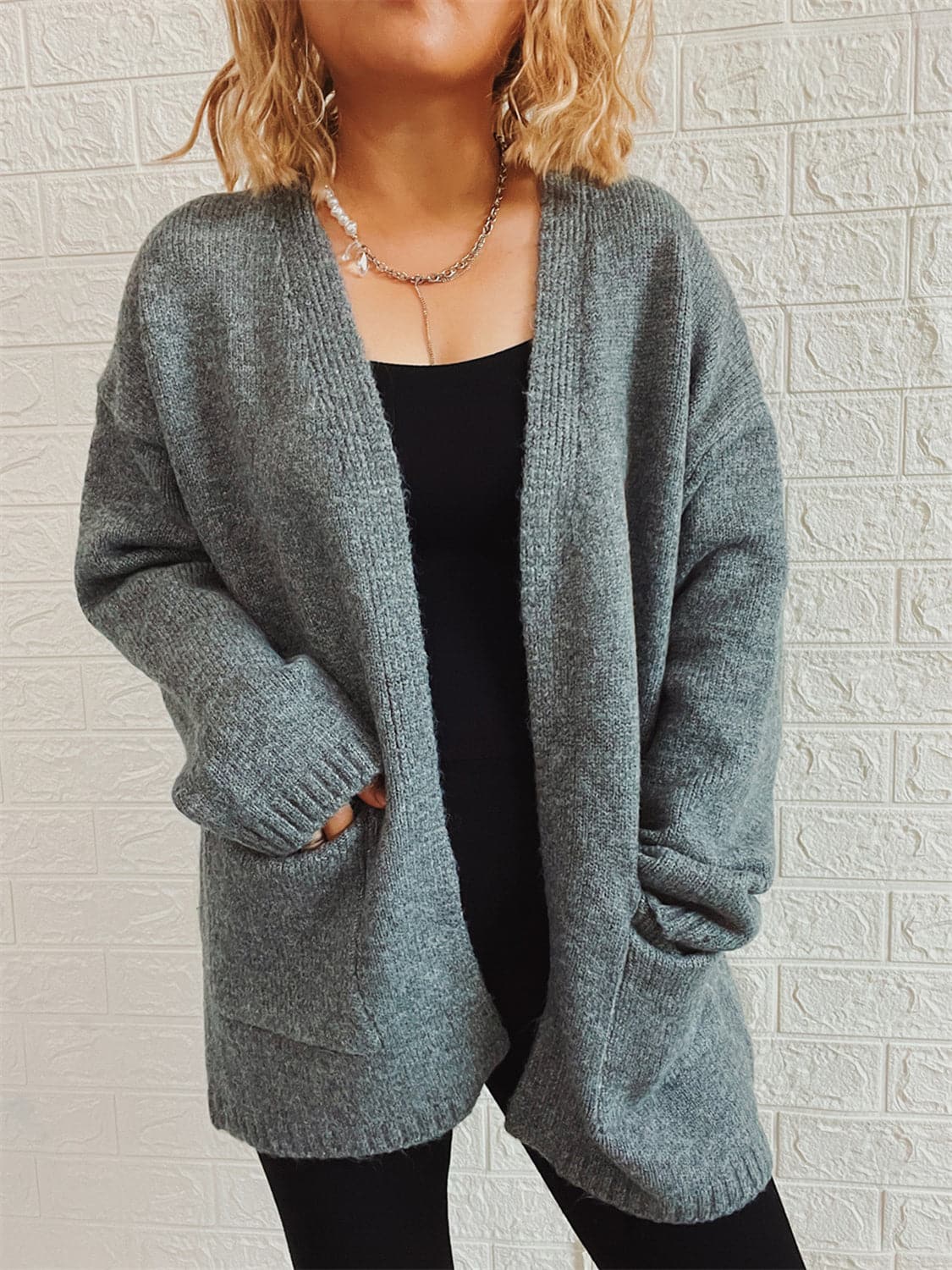 Open Front Long Sleeve Cardigan with Pockets.