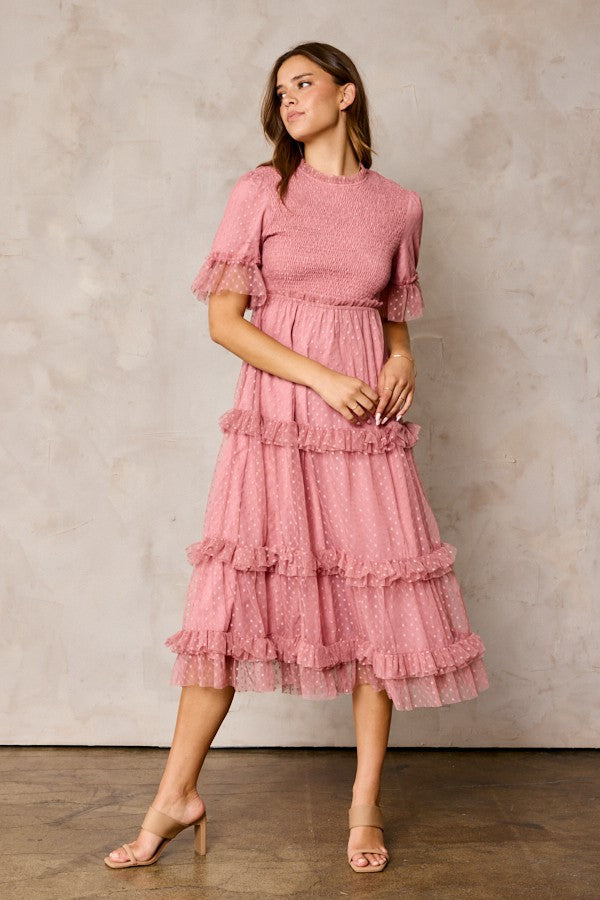 PinkBlush Pink Polka Dot Tulle Maternity Midi Dress, a graceful profile view perfect for feminine maternity wear.