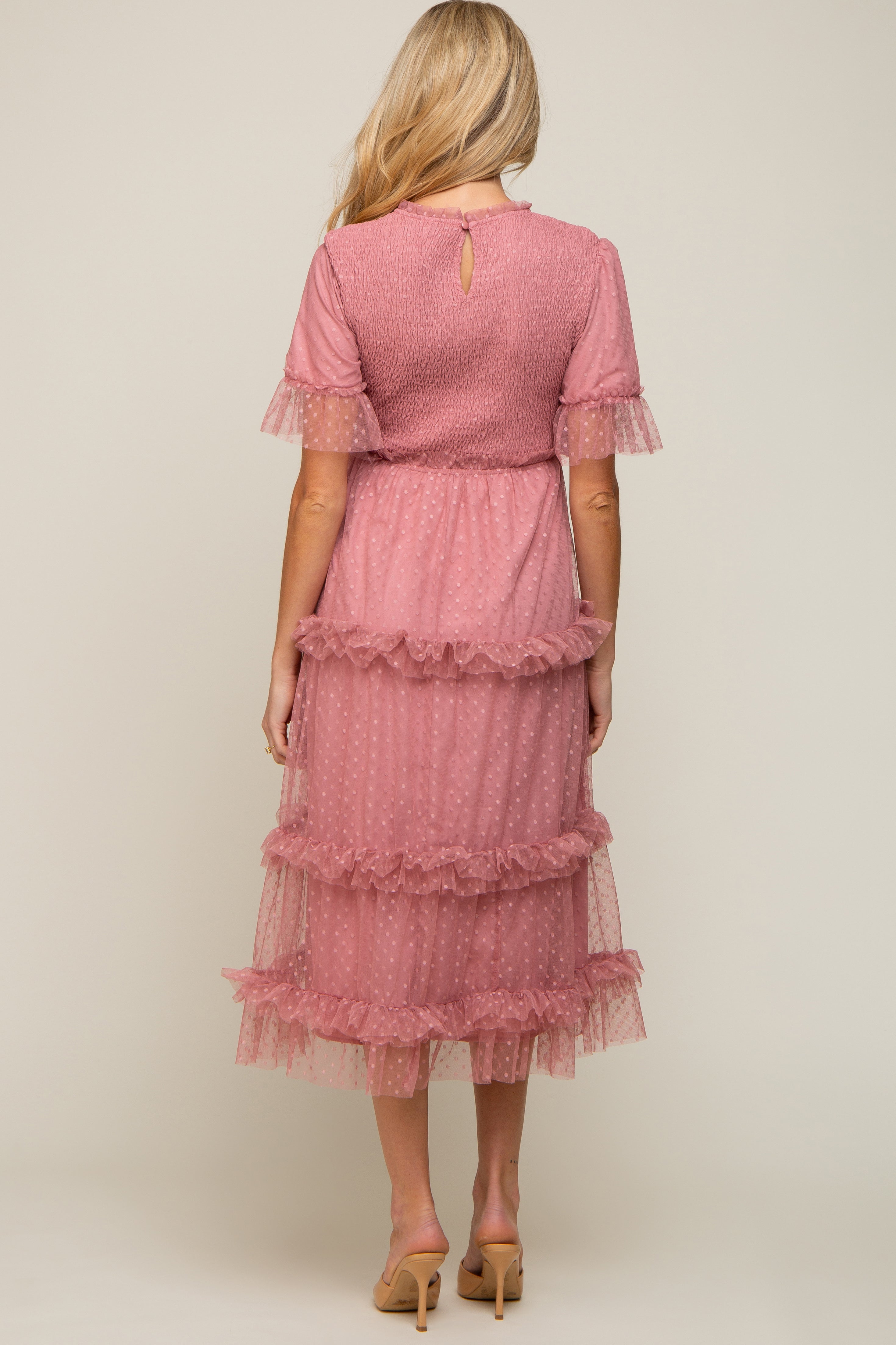 PinkBlush Pink Polka Dot Tulle Maternity Midi Dress, a close-up of the delicate tulle fabric and playful dots.