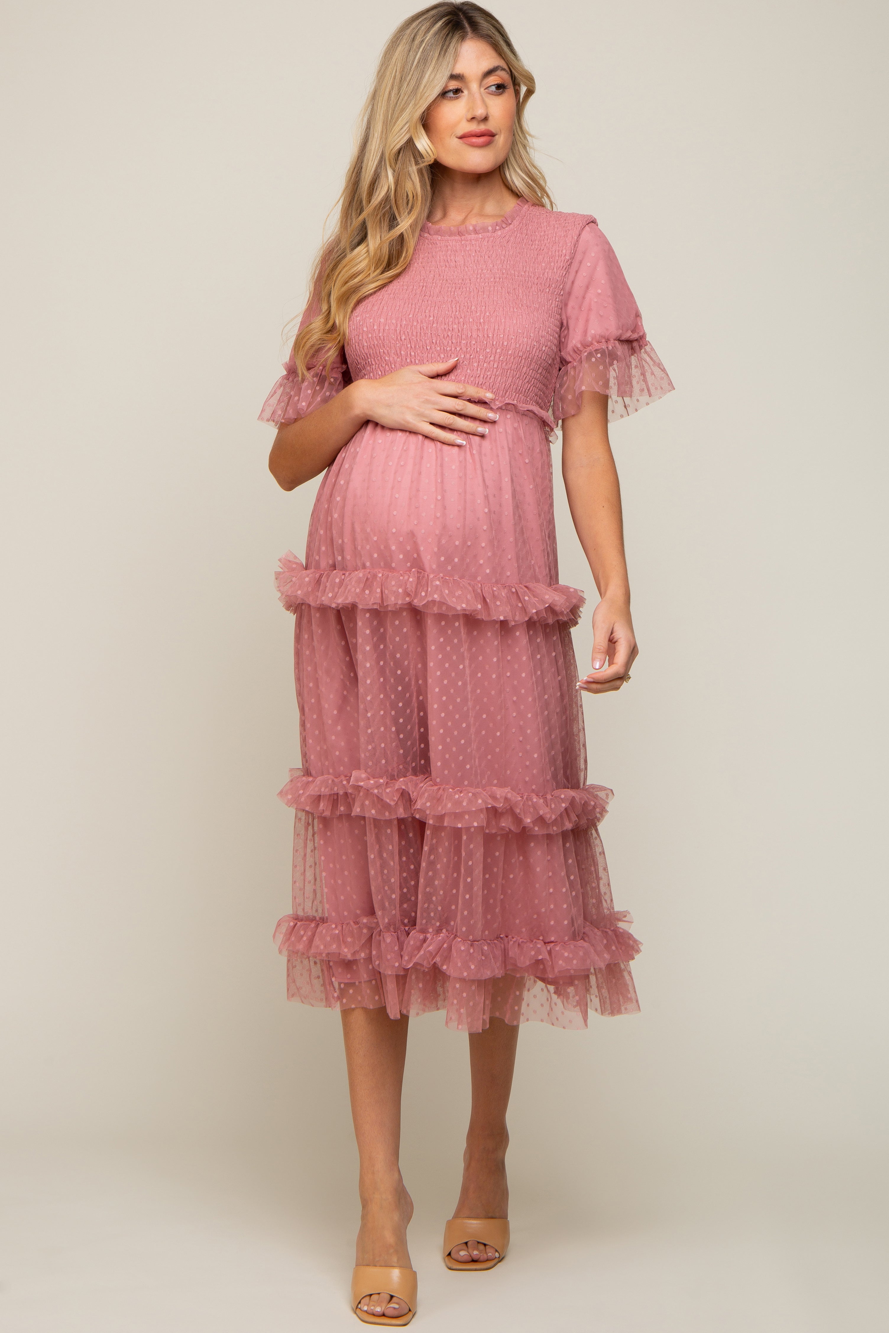 PinkBlush Pink Polka Dot Tulle Maternity Midi Dress, highlighting the comfortable smocked back and midi length.