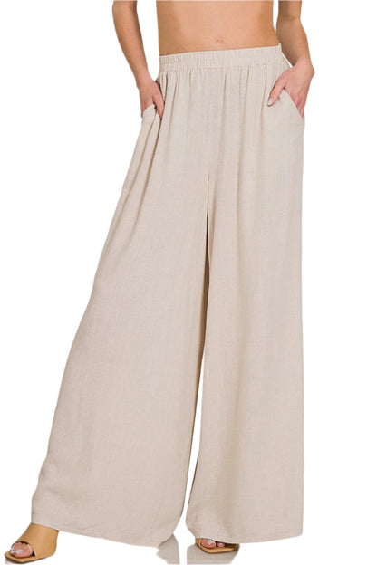 Zenana Pleated Linen Blend Wide Leg Pants.