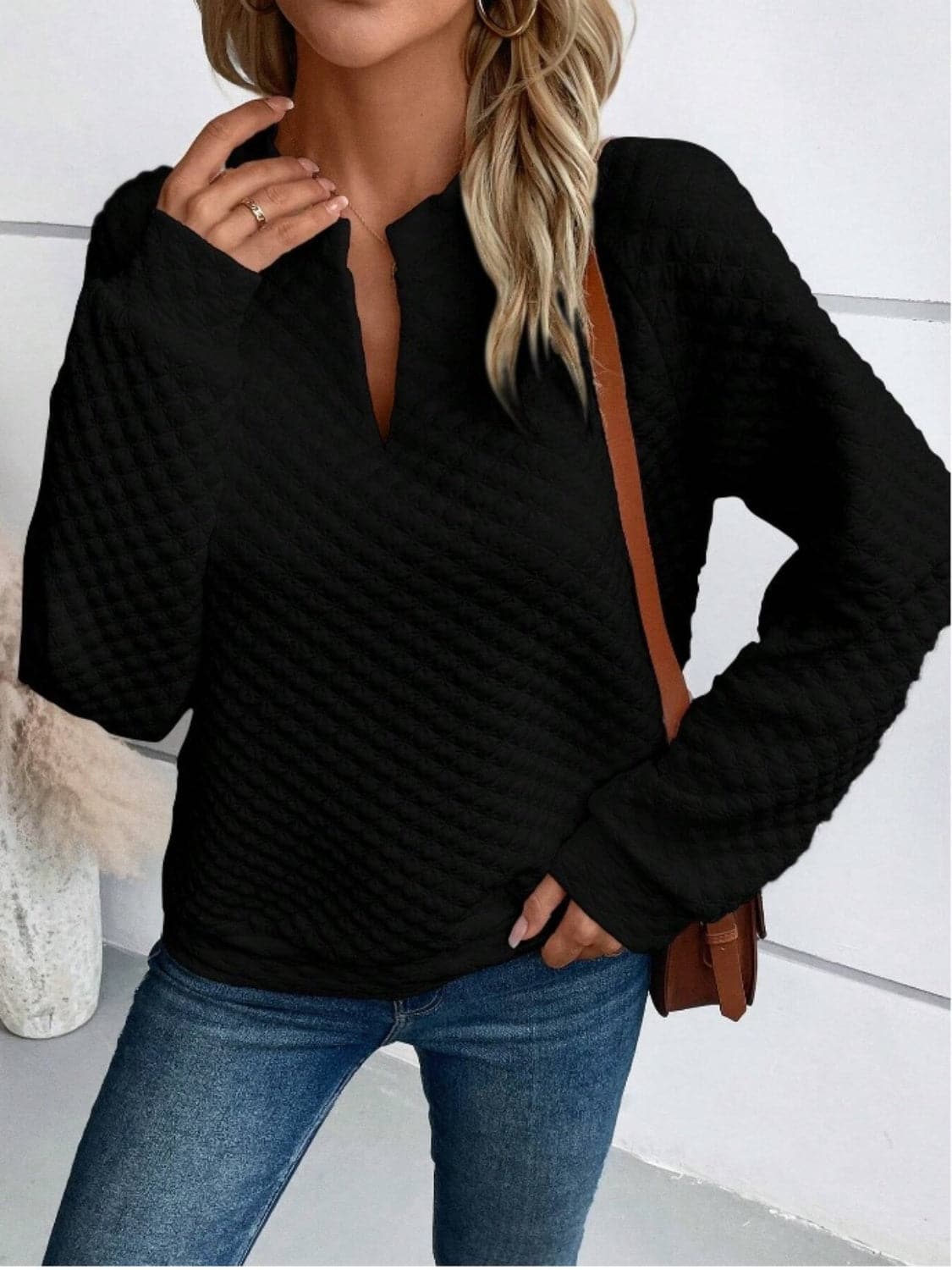 Notched Long Sleeve Sweatshirt.