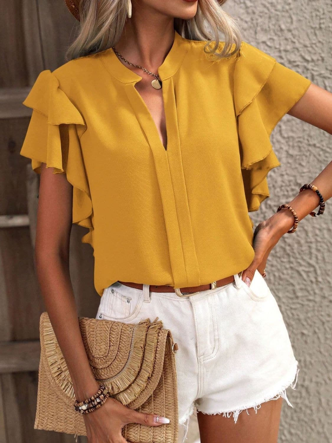 Ruffled Notched Short Sleeve Blouse.