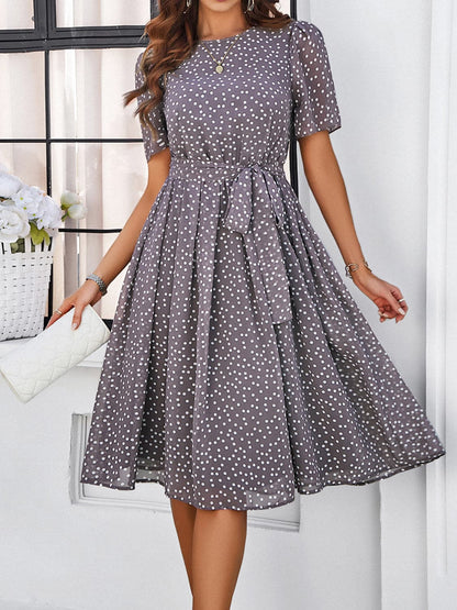 Printed Round Neck Short Sleeve Dress.