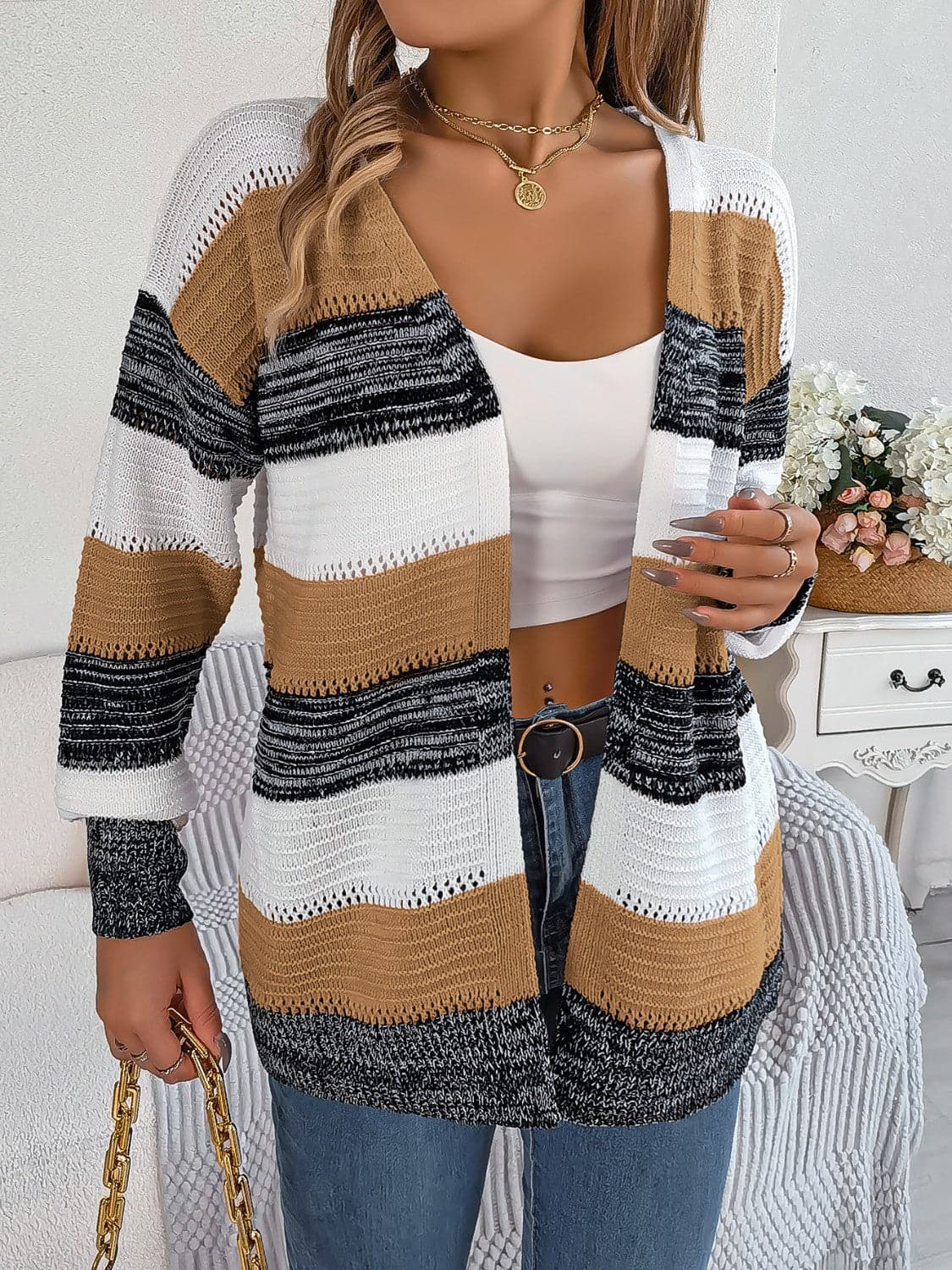 Openwork Striped Open Front Cardigan.