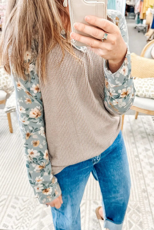 Parchment Twist Ribbed Floral Contrast Patchwork Long Sleeve Top Dear-Lover Dropshipping